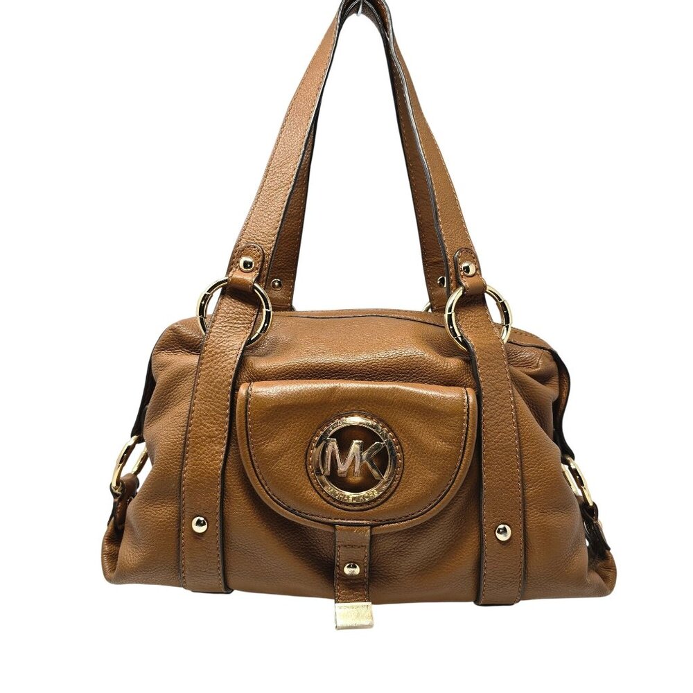 Michael Kors Brown Leather Shoulder Bag Handbag Satchel Gold Dual Handles